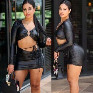 Faux Leather Long Sleeve Two Piece Set